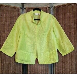 Chico's Size 2 US L Open Front Jacket  Neon Linen Blend Embroidered Neon Green